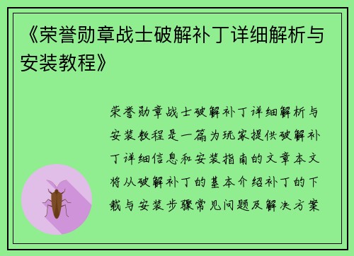 《荣誉勋章战士破解补丁详细解析与安装教程》