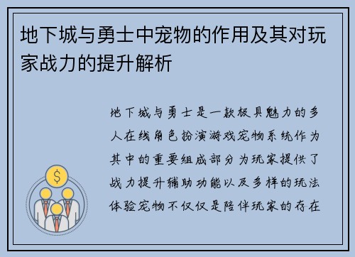 地下城与勇士中宠物的作用及其对玩家战力的提升解析